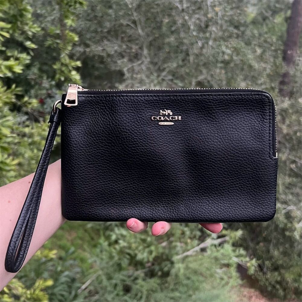 COACH Double Zip Wristlet Phone Wallet Black w Gold Hardware AUTHENTIC